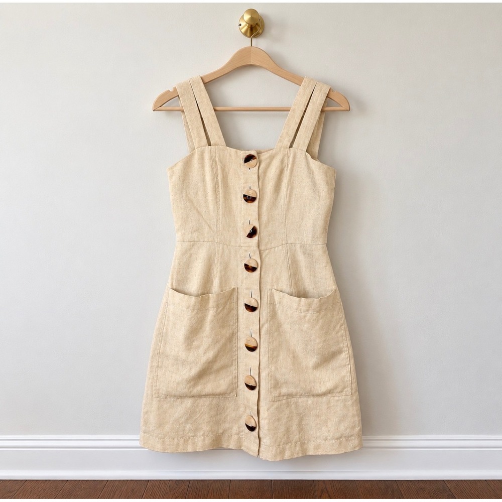 Nicholas Linen Button Down Mini Dress Beige Double Strap Pockets D1738LN Size 2